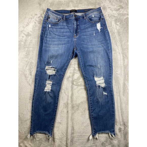 Judy Blue Denim - Judy Blue Women's Jeans 1XL Distressed Straight Fit Blue Raw Hem High Rise
